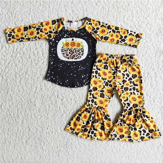 6 A10-19Sunflower leopard screen print girls fall clothing