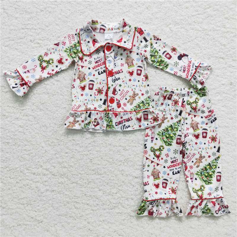 6 A3-29 Girls Mickey Christmas Tree Christmas Button Long Sleeve Pants Set 500g Pajamas