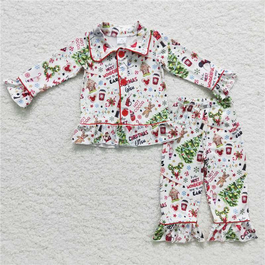 6 A3-29 Girls Mickey Christmas Tree Christmas Button Long Sleeve Pants Set 500g Pajamas