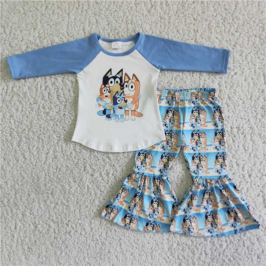 6 B6-38Solid long sleeve dog screen print shirt pants girls clothing sets