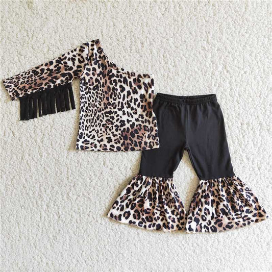 6 B1-20Off shoulder leopard tassels shirt bell bottom pants girls outfits