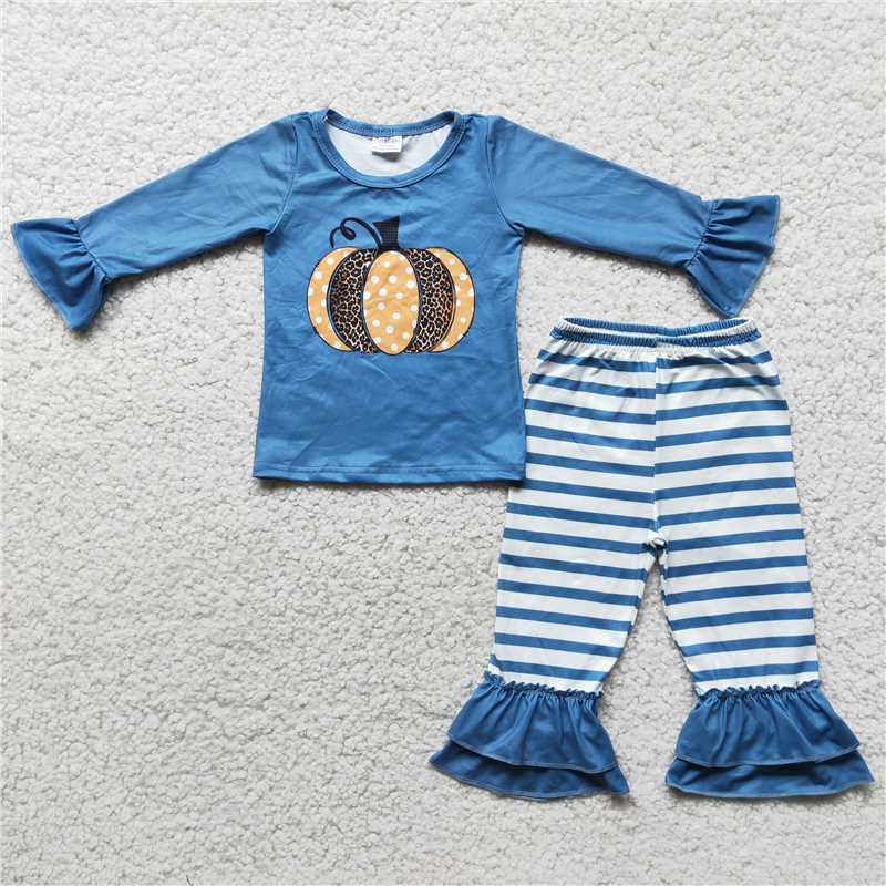 6 C10-39Blue long sleeve pumpkin shirt stripe pants girls outfits