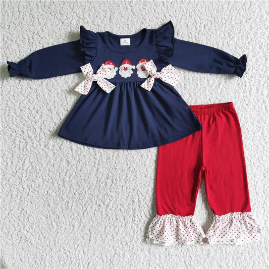 6 B7-39 Girls Embroidery Santa Claus Long Sleeve Top Red Pants Set