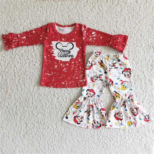 6 C11-4 Merry Christmas red long-sleeved top and Mickey bell-bottom pants set
