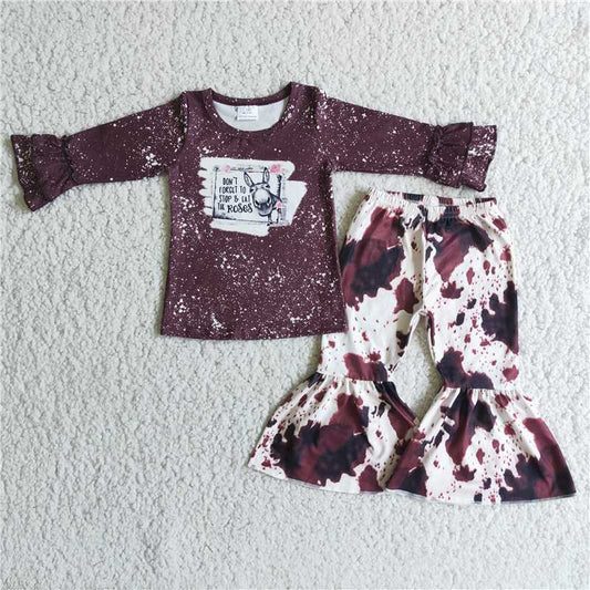 6 C10-17Brown bleached cow shirt bell bottom pants girls boutique clothing