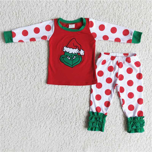 6 A0-5 Girls grinch embroidered polka dot long sleeve and trousers set