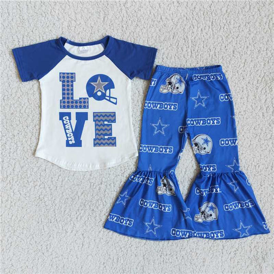 D10-26 Sibling Baby Girls Football Team Bell Pants Clothes Sets