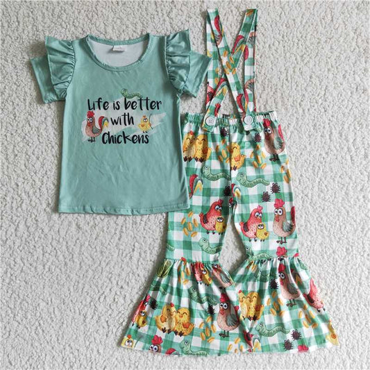 E9-15 Baby Girls Chicken Green Farm suspender bell pants sets