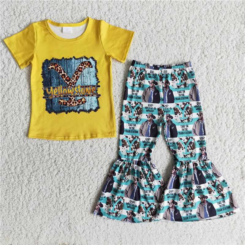 B1-17  Baby girls mustard Y-Stong Singer bell pants clothing sets