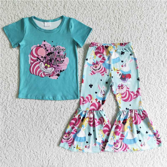 B0-2  Baby girls tiger we are all mad short sleeve shirt bell bottom pants red clothing sets