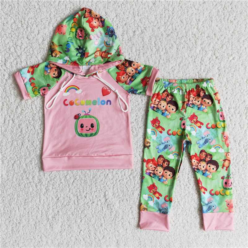 E11-26 cocomelon pink hooded short-sleeved trousers set