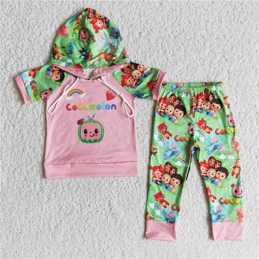 E11-26 cocomelon pink hooded short-sleeved trousers set