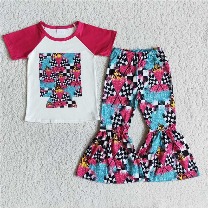 B2-14 Baby girls hotpink race short sleeve raglan top bell pants clothing sets