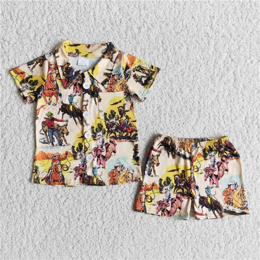 E14-12  Baby boys western cowboy button up summer pajamas sets