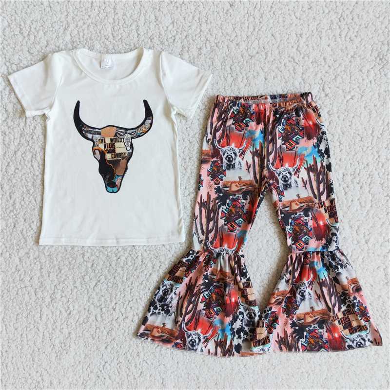 B1-14 Baby girls cow skull white shirt top bell cactus pants clothing sets