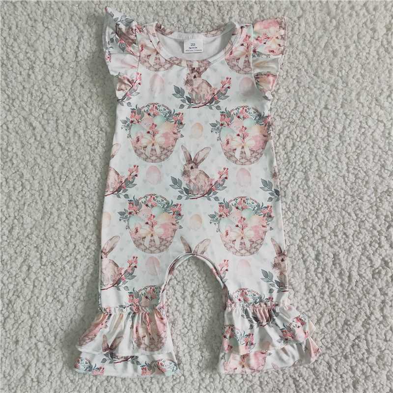B6-27  Baby girls easter ruffle bunny holiday rompers