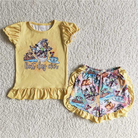 RTS NO MOQ （In stock）Best Day  Yellow Short-Sleeve and Shorts Set