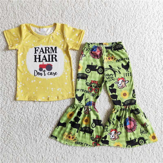 B12-28 Baby girls farm design tractor bell pants clothing sets