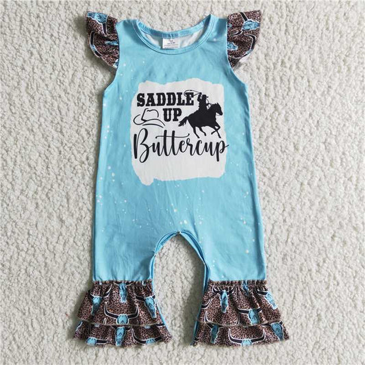 C5-20  Baby girls saddle up western blue ruffle rompers
