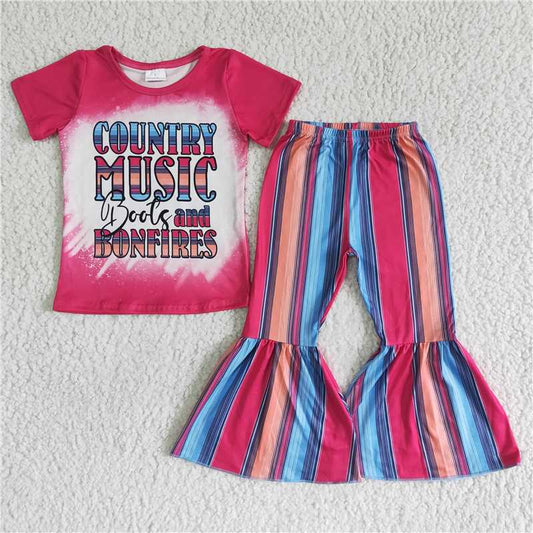 GSPO0008 country music rose pink short-sleeved colorful striped flared pants suit