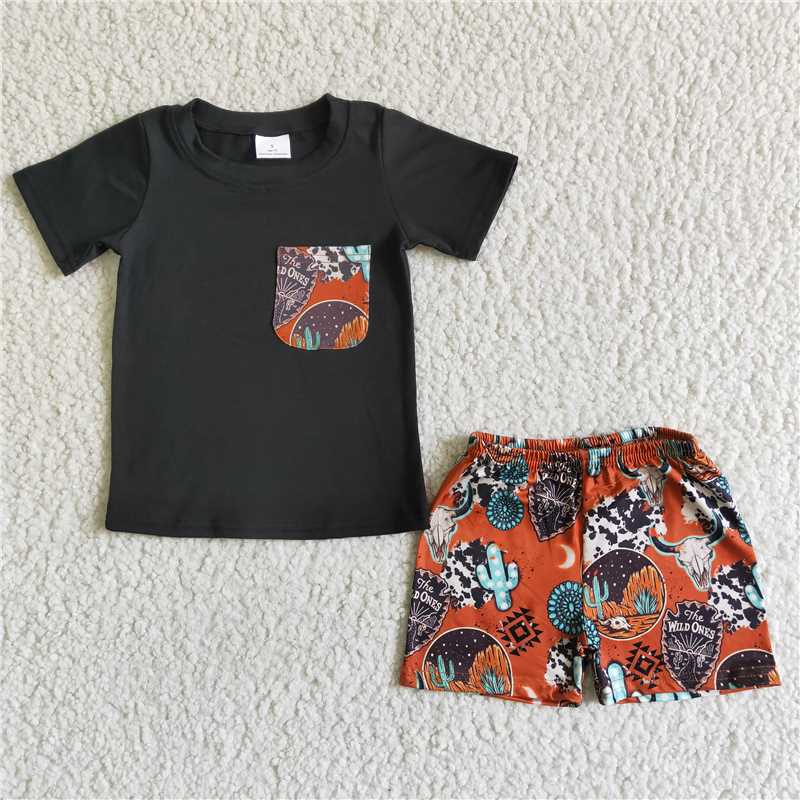 BSSO0014 Sales New RTS No Moq Promotion baby boys cactus western pocket summer shorts sets