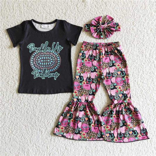 GSPO0039 Black gem short-sleeved pink flared pants suit