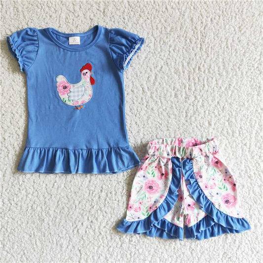 GSSO0020Chicken embroidery blue cotton shirt floral shirt girls clothing set