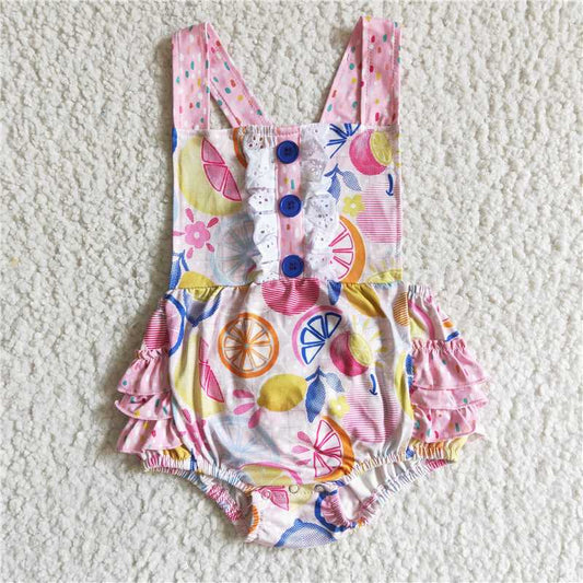S0016  Fruit print sleeveless ruffle bubbles baby summer romper