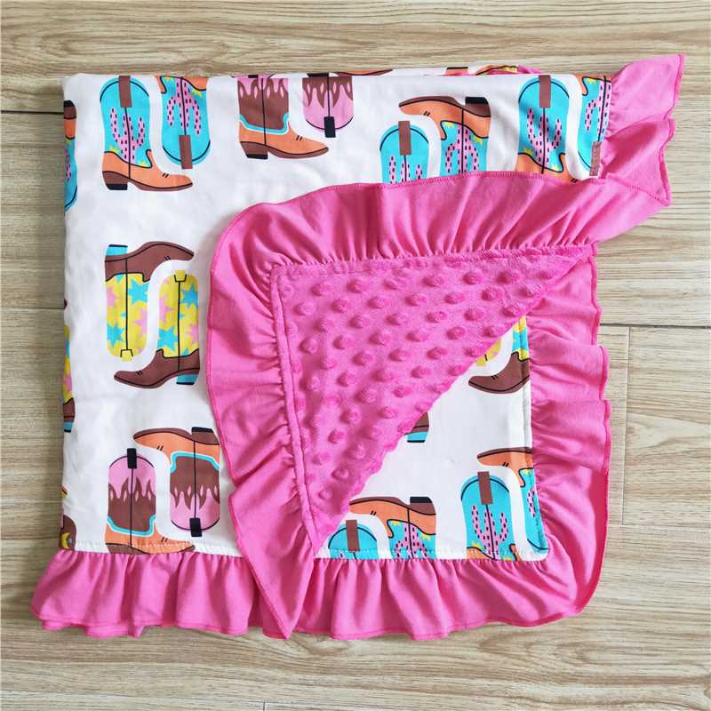 BL0004  Baby girls boots western pink color ruffle minky blankets