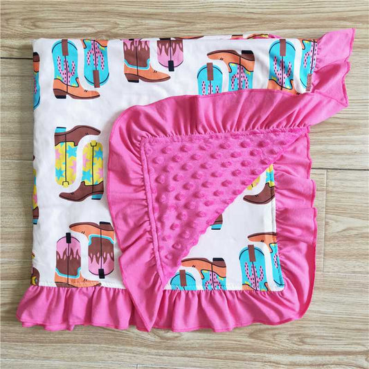 BL0004  Baby girls boots western pink color ruffle minky blankets