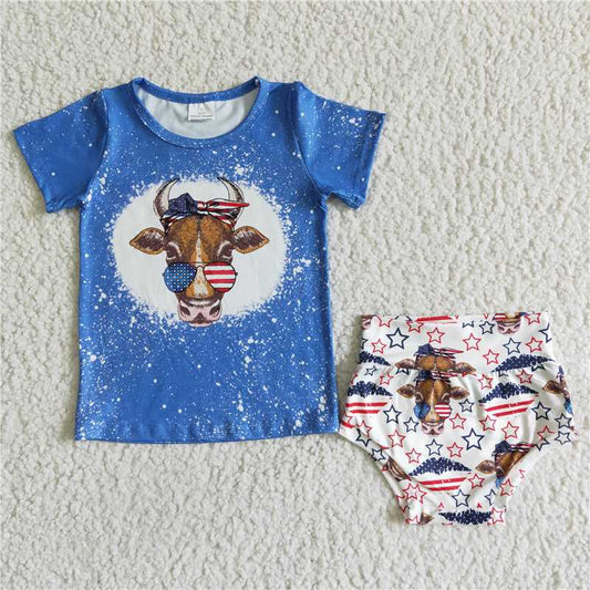 GBO0034  Baby girls summer 4th of July cow bummie sets
