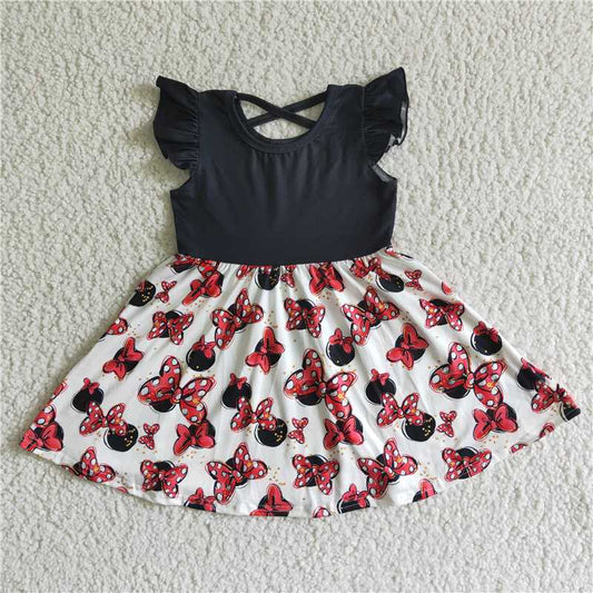 GSD0053 Girls black flying sleeves red bow dress
