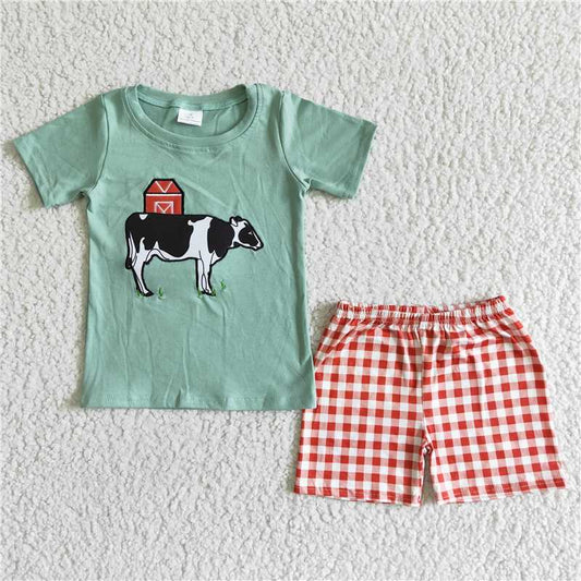 BSSO0001 Baby boys summer farm cow shorts shorts sets(embroidered)