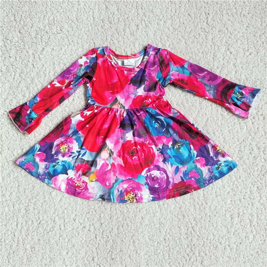 9.29 RTS NO MOQ（In stock）G3-8-8*; Baby Girls Winter Dress Rose purple and blue floral long-sleeved dress