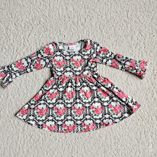 9.24 RTS NO MOQ（In stock）G3-8-8*=. Baby Girls Winter Dress Pink Rose Black Leaf Long Sleeve Dress