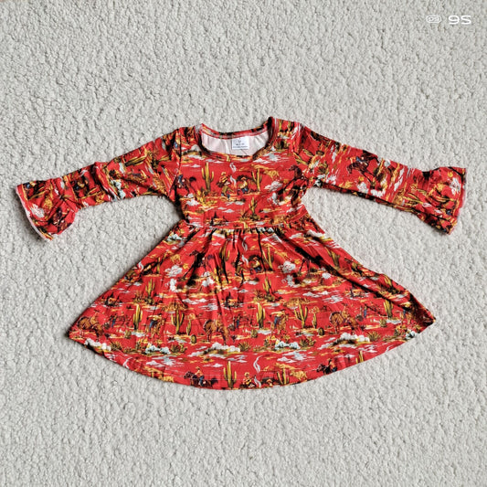 9.22 RTS NO MOQ（In stock）	G3-8-9*/ Baby Girls Winter Dress Wrangler Horse Sunset Red Long Sleeve Dress