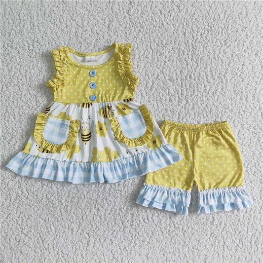 Baby girls summer honey bee ruffle shorts sets