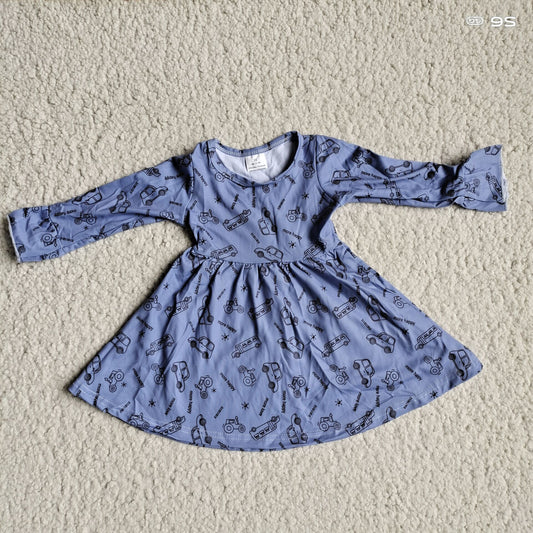 9.26 RTS NO MOQ（In stock）G3-8-9- Baby Girls Winter Dress Line car dark purple long-sleeved dress