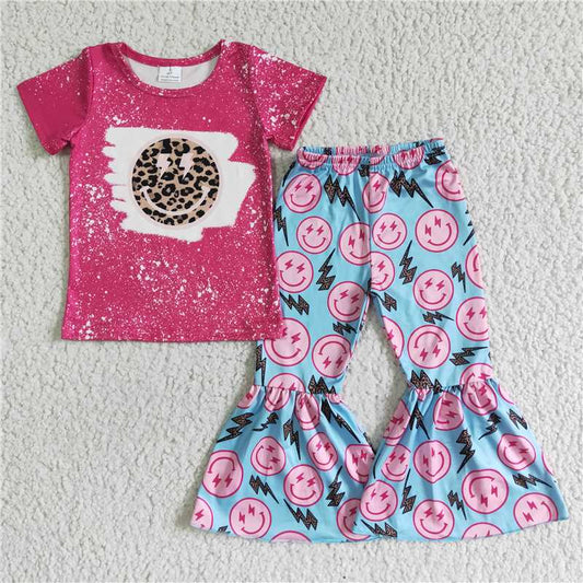GSPO0084 Leopard print smiley face rose red short-sleeved trousers suit