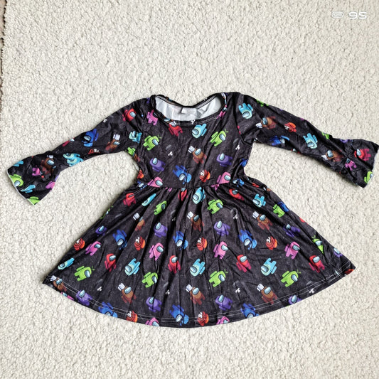 9.18 RTS NO MOQ（In stock）G4-12-4'* Baby Girls Winter Dress Baby Girls Colorful little robot black high waist long sleeve dress