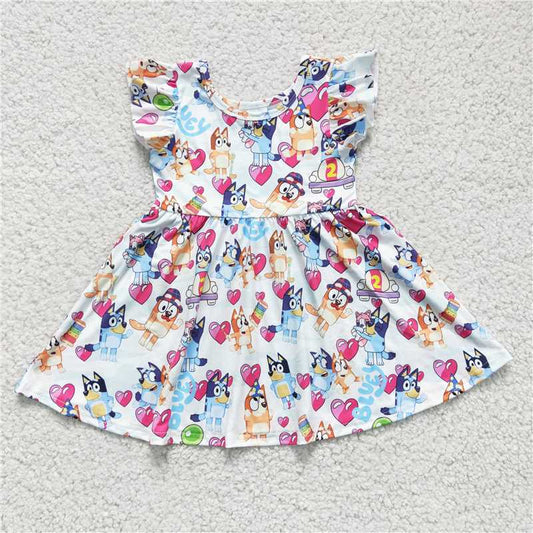 C10-02 bluey red heart dog flying sleeves dress