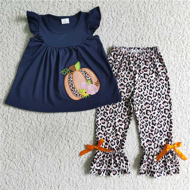 GSPO0133Navy cotton pumpkin embroidery leopard ruffle set girls fall clothes