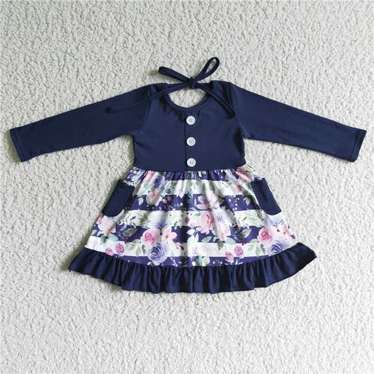 GLD0052  Baby girls purple floral stripe knee length dresses