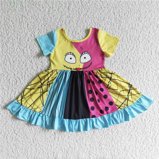 GSD0130 Yellow  black and blue spliced smiley face short-sleeved dress