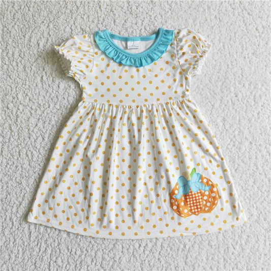 GSD0116  Short sleeve polka dots pumpkin kids girls fall dresses