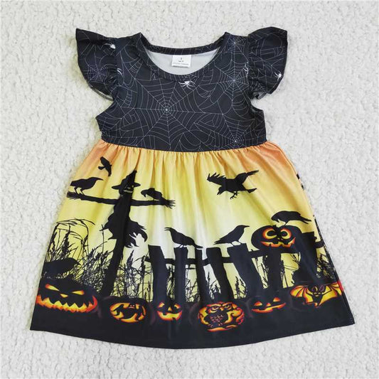 GSD0118 Halloween Pumpkin Spider Web Short Sleeve Dress
