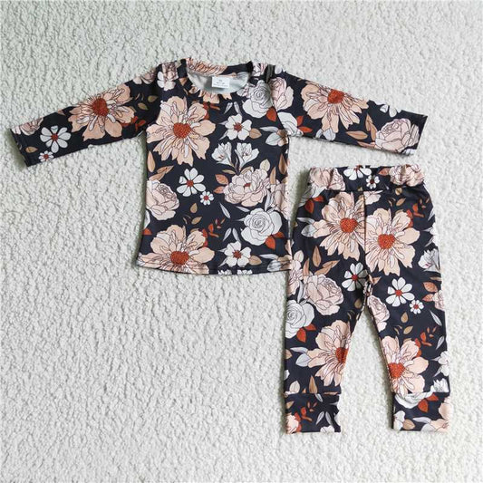 GLP0195Black floral long sleeve girls fall pajamas