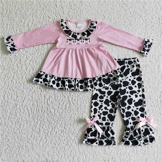 GLP0165Pink tunic cow ruffle pants girls fall winter clothes
