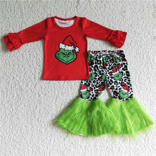 GLP0151 Girls grinch Santa hat long sleeve and long pants suit
