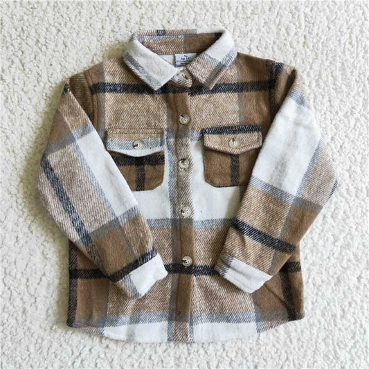 BT0062  Baby kids brown plaid pocket shirts